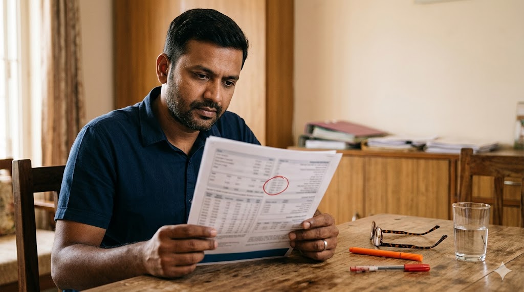 A focused Indian man in his 40s sits at a wooden table, intently reviewing a financial document with a section circled in red. On the table are glasses, pens, and a glass of water within a softly lit, modest home interior.