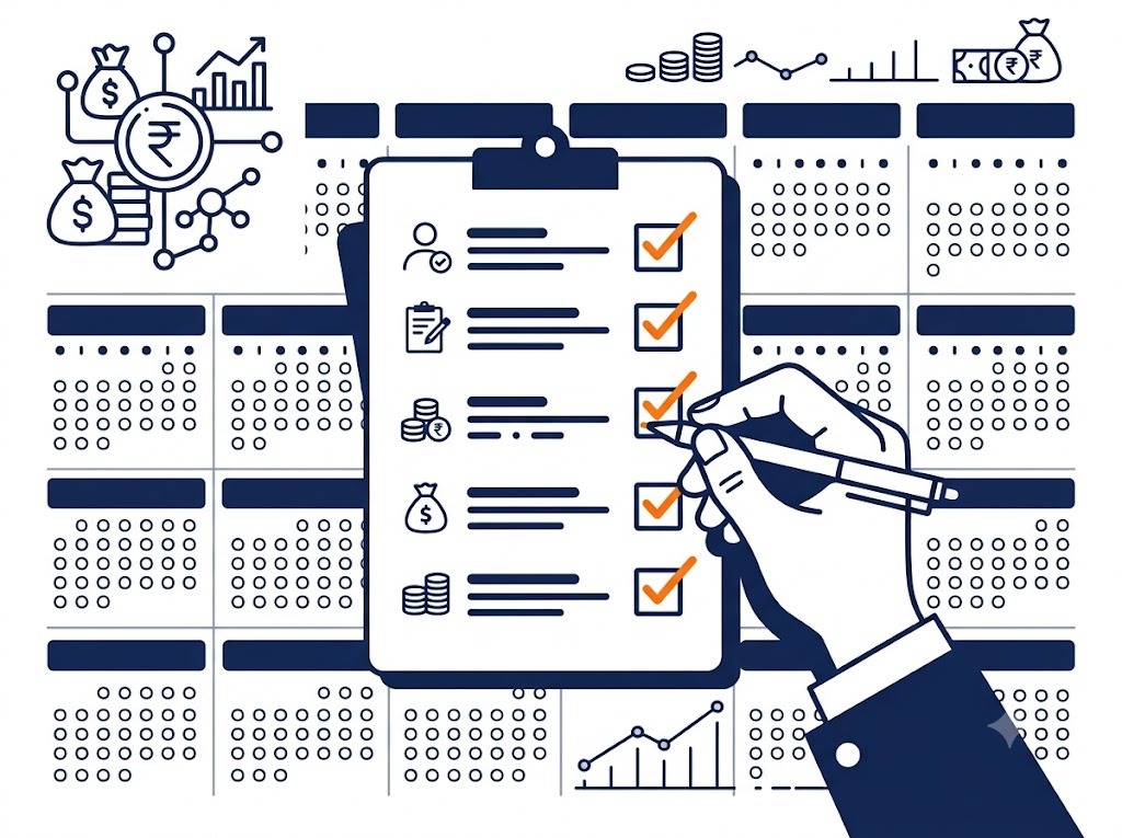 Hand ticking items on a checklist against a background of a simplified EMI calendar