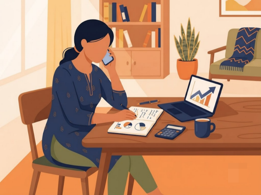 Indian person on a phone call getting a financial assessment from a counsellor