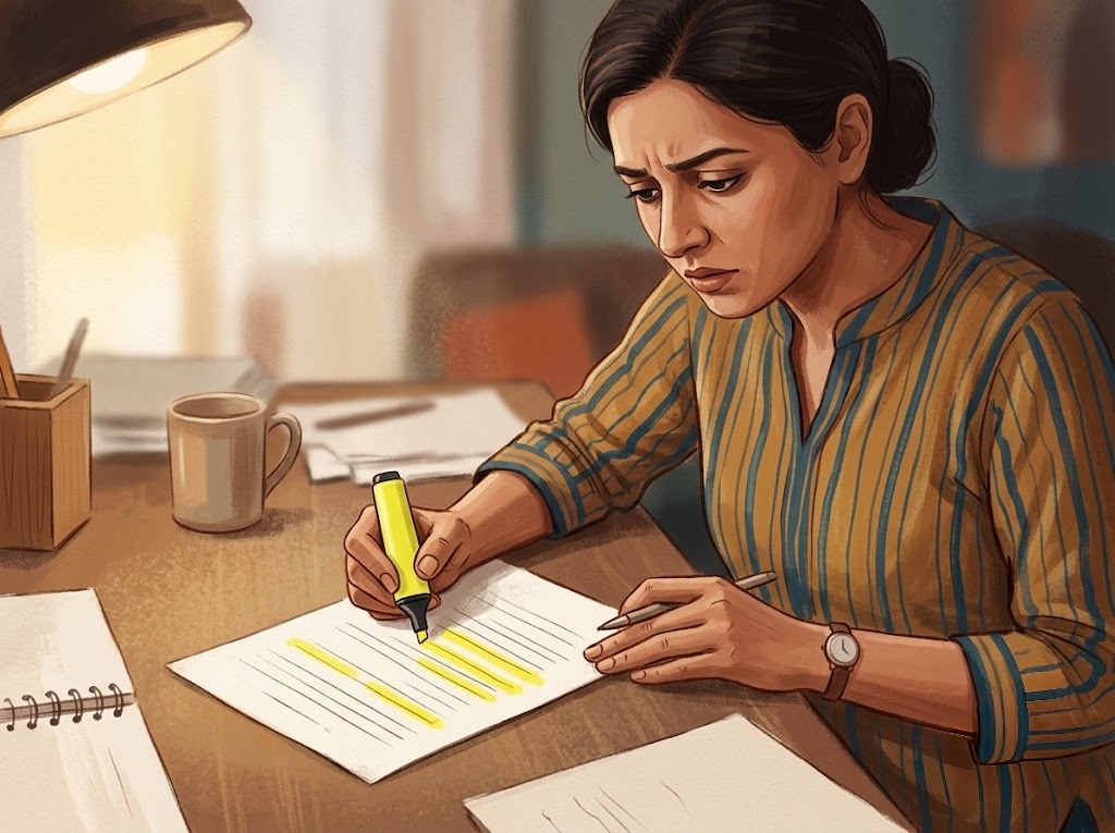 Woman highlighting important information on financial documents, representing loan application review, document verification, and accurate financial paperwork preparation.