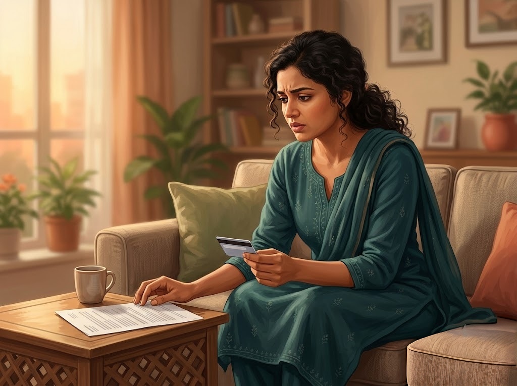 A woman in a traditional teal outfit sitting on a couch, looking concerned while holding a credit card and reviewing financial documents in a home setting.