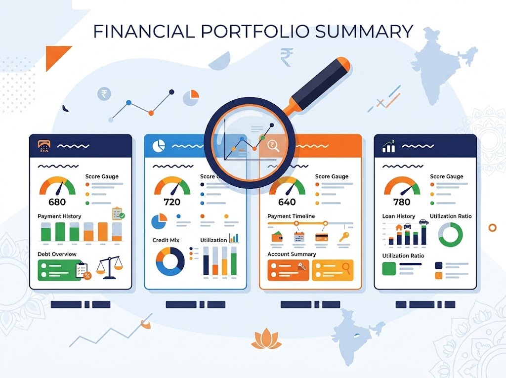 Illustration comparing four Indian credit bureau score reports side by side