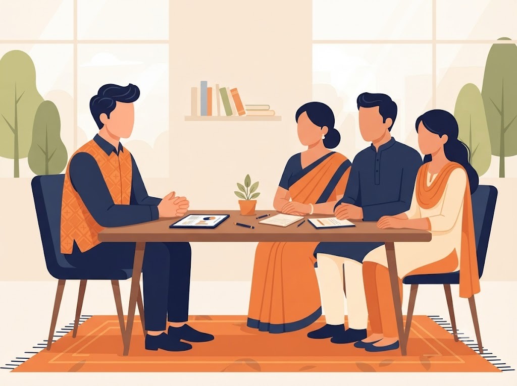 FREED counsellor guiding an Indian family through a loan recovery conversation