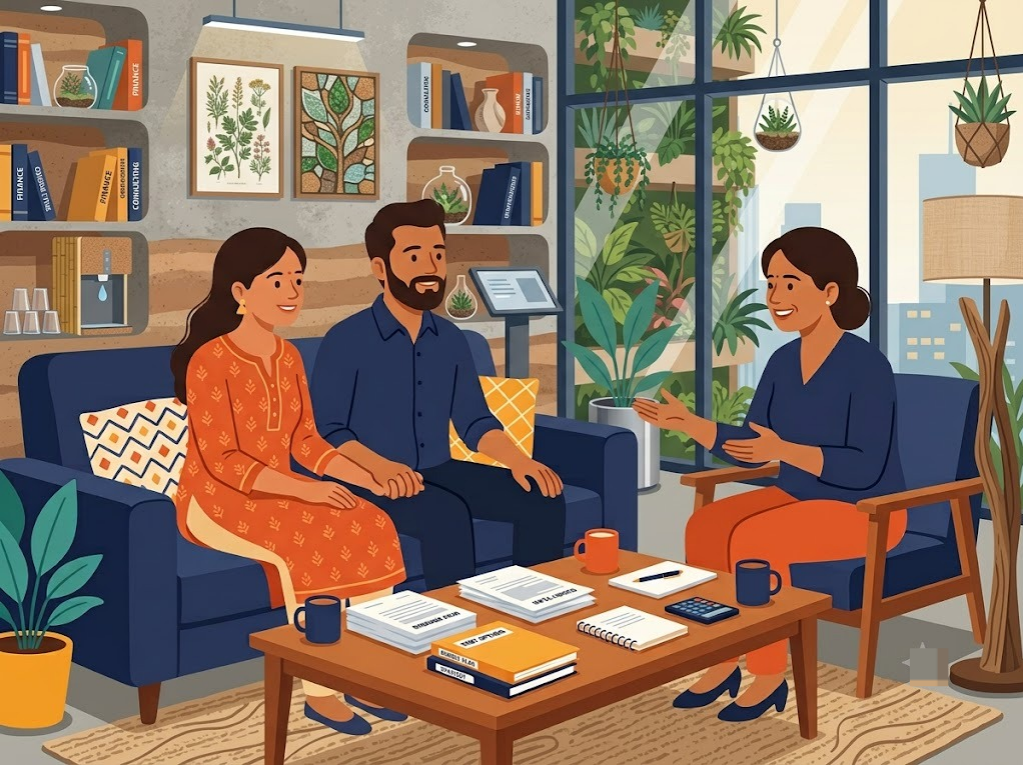 FREED counsellor guiding an Indian couple through their debt options