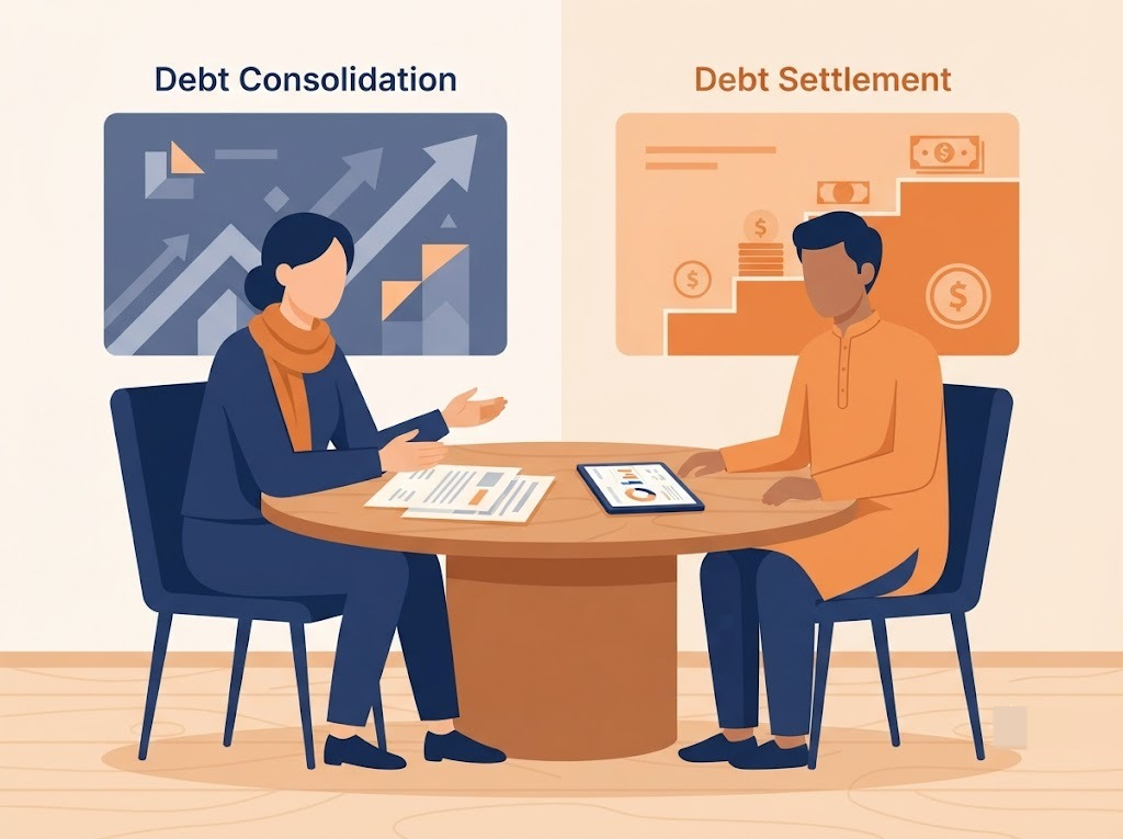 FREED counsellor guiding an Indian borrower toward a consolidation or settlement decision