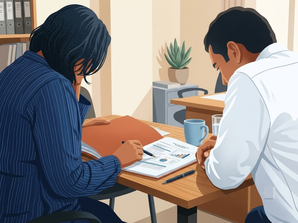 FREED counsellor reviewing a settlement breakdown with an Indian borrower