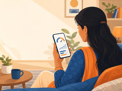 Indian woman viewing credit health dashboard on phone with upward-trending score graph