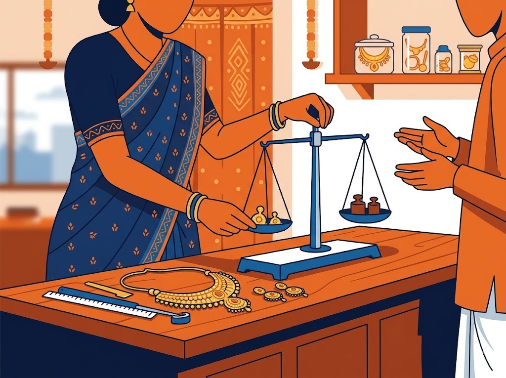 Illustration of gold jewellery being valued as loan collateral with a safety margin.