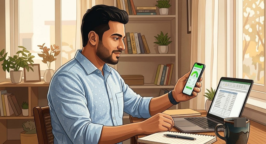 Indian professional checking a good CIBIL score while reviewing multiple loan EMIs at a desk