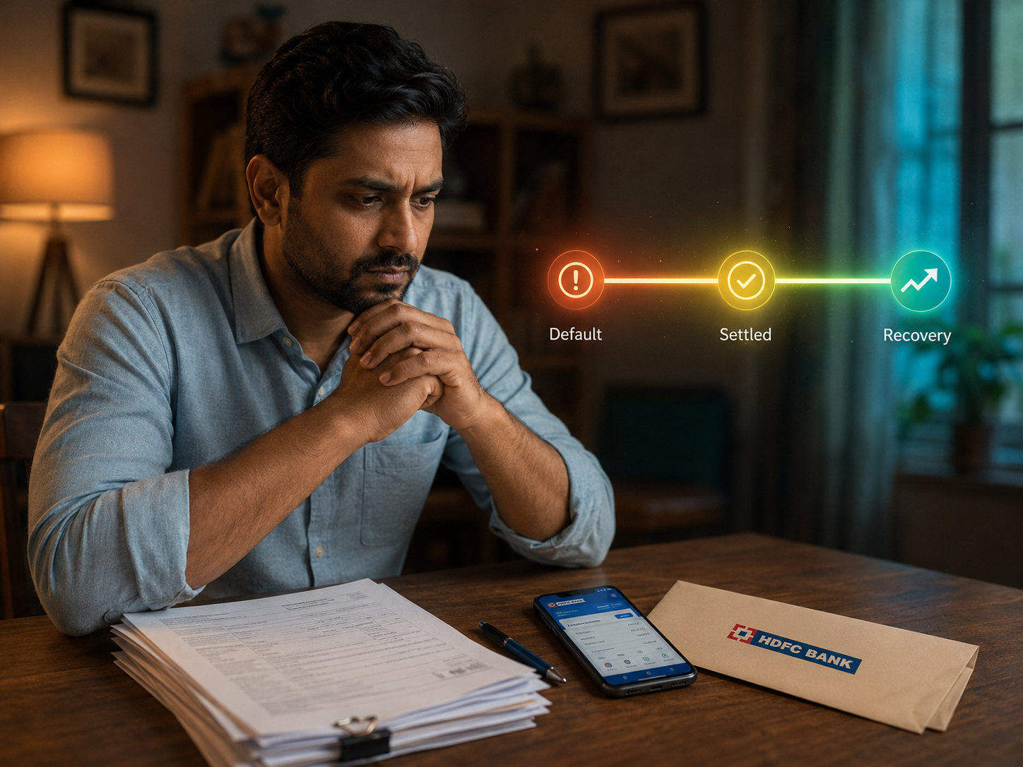 Indian man reviewing HDFC loan settlement documents at home with a banking app and financial recovery timeline.