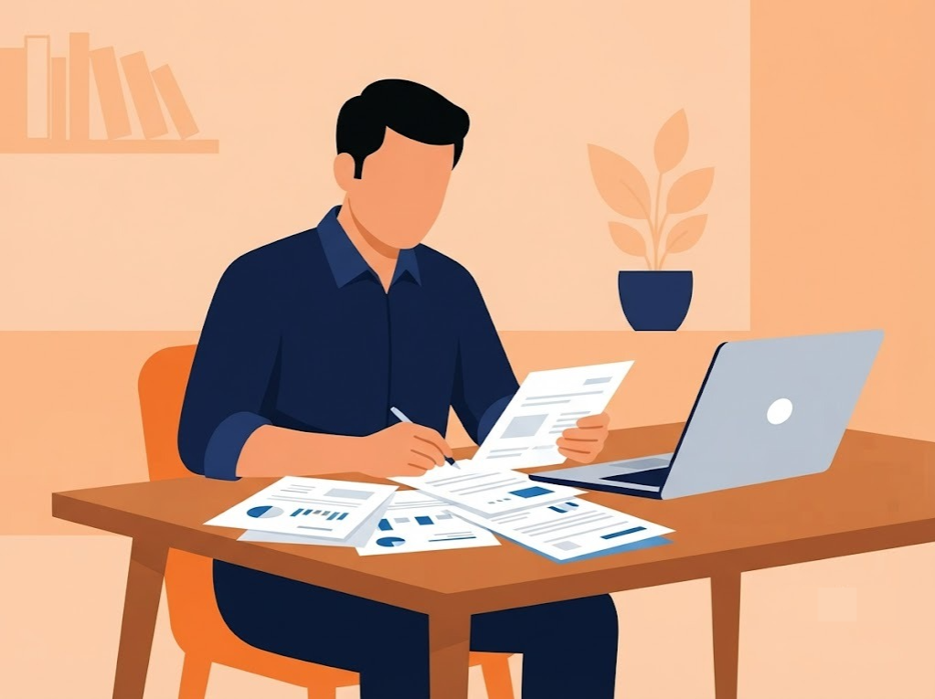 Indian borrower reviewing HDFC loan settlement documents at a table with a laptop