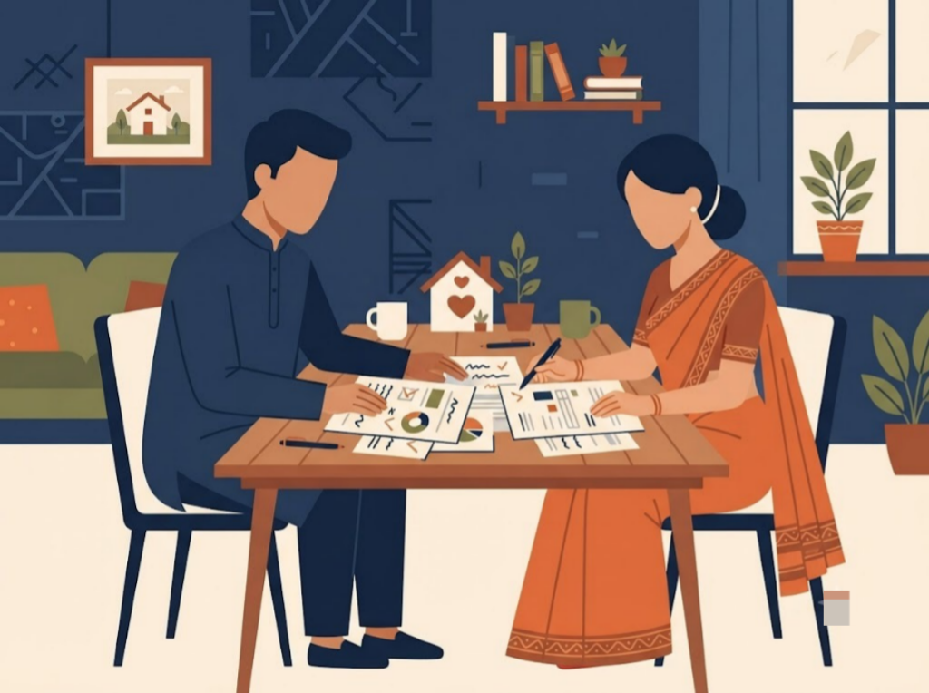 Indian couple reviewing home loan eligibility after debt consolidation, hopeful expression