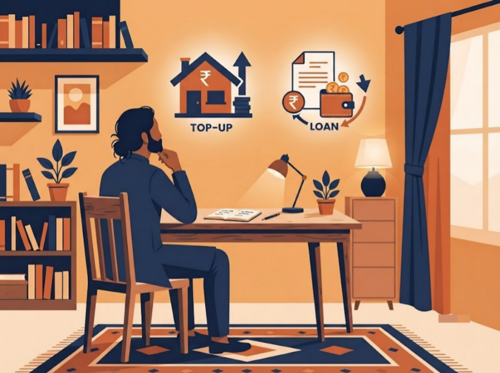 Indian person weighing a home loan top-up against a personal loan for debt