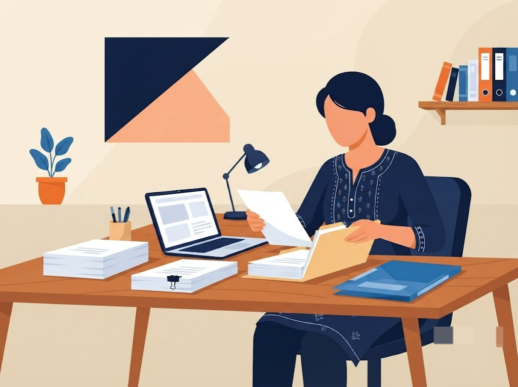 Indian borrower preparing documents for an ICICI Bank loan settlement request at a desk, orange and navy flat illustration