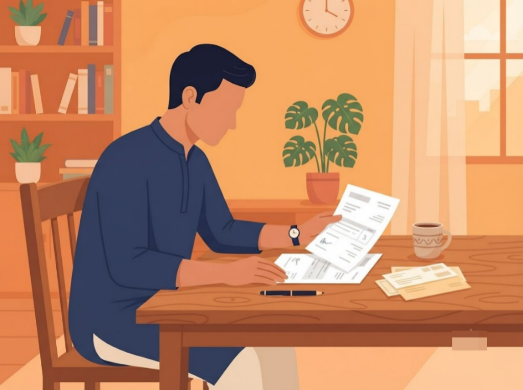 Indian man reviewing loan papers at home table, understanding ICICI debt consolidation options