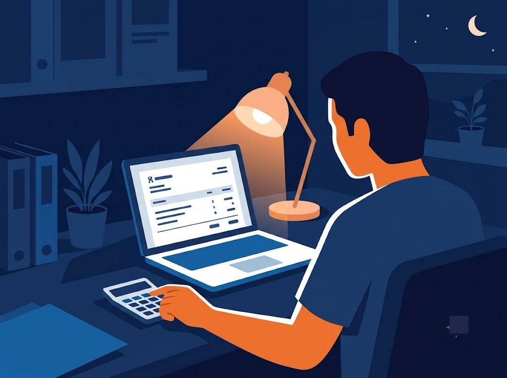 Indian borrower reviewing an ICICI personal loan foreclosure statement on a laptop with a calculator before making payment