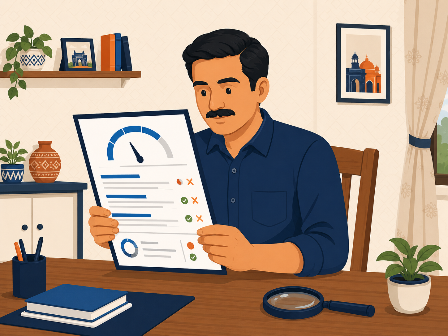 Flat illustration of an Indian man examining a credit report with a score dial and marked details, with a magnifying glass on the desk representing error-checking and dispute review.