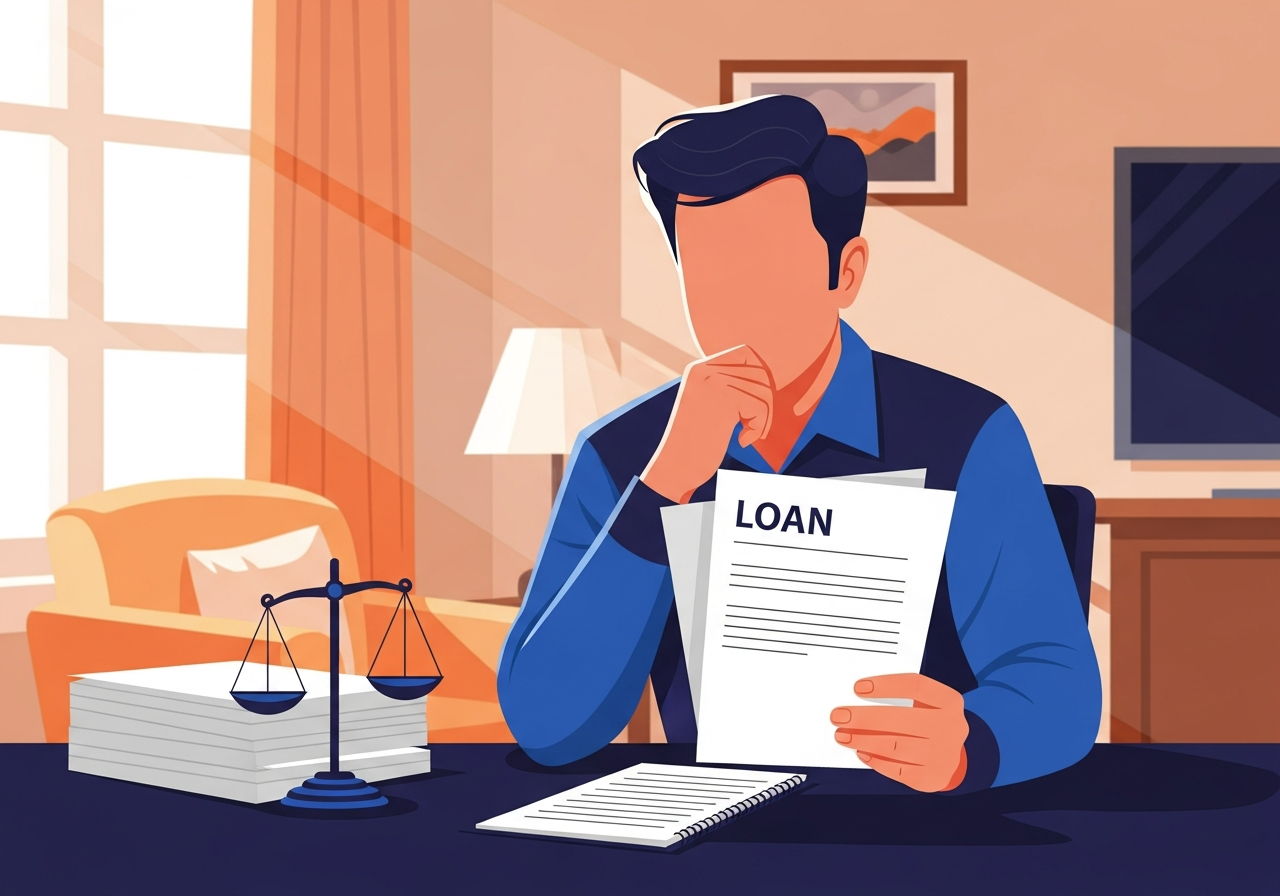 Indian man weighing loan options and risks on laptop