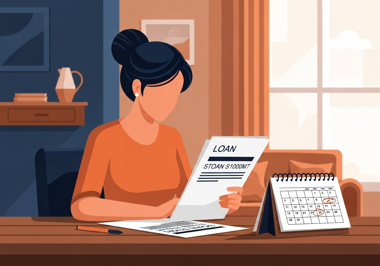 Indian woman reviewing loan statement and EMI schedule