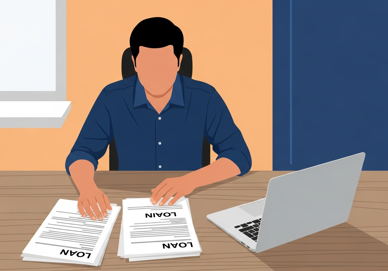 Indian man reviewing IDFC loan restructuring documents at home