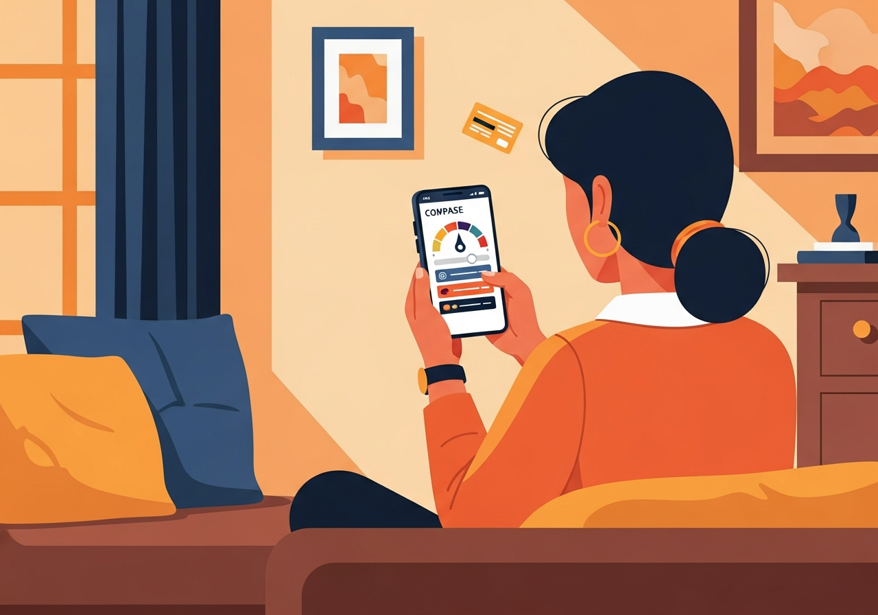 Indian woman comparing credit card options on phone based on score