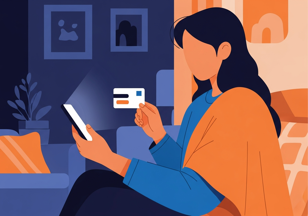 Indian person holding a credit card while checking phone at home, credit card for low cibil score illustration