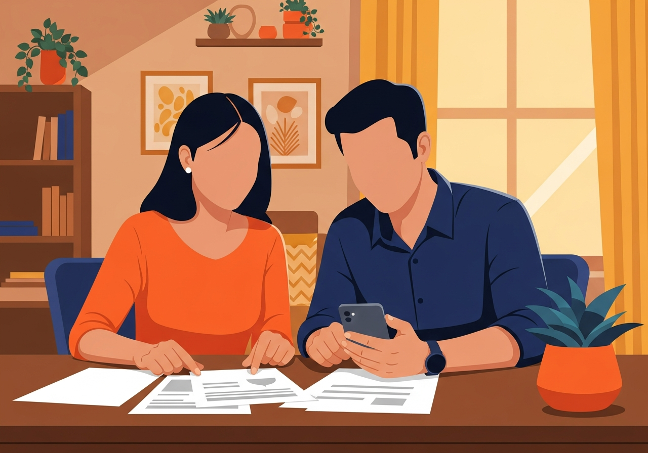 Indian couple reviewing joint finances and debt together at home