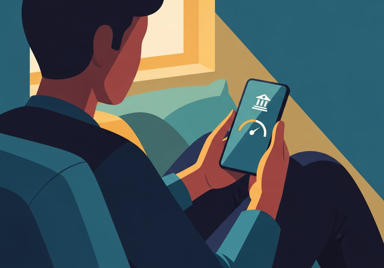 Flat-design illustration of an Indian person in their early 30s seated at home, looking at a smartphone showing a simple bank app icon