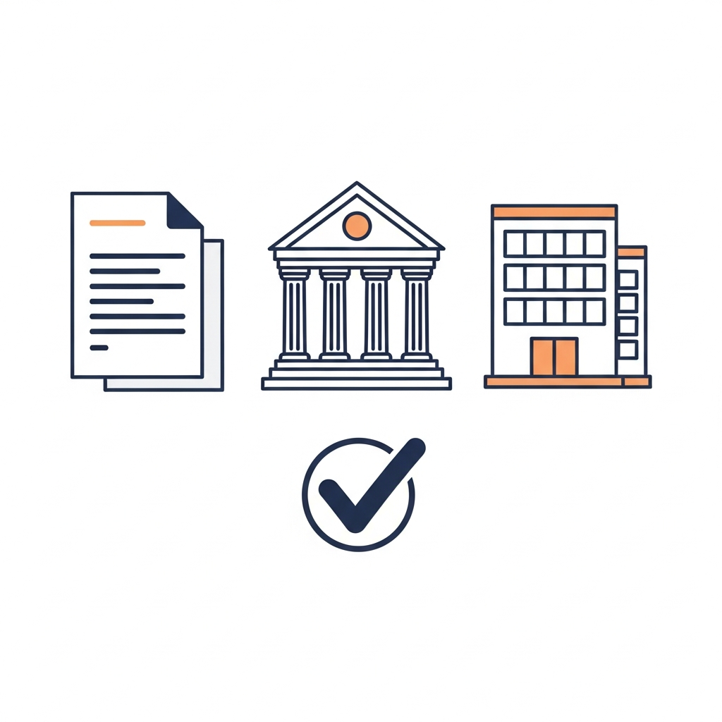 at-design illustration showing a simple 3-icon sequence, document, bank building, checkmark