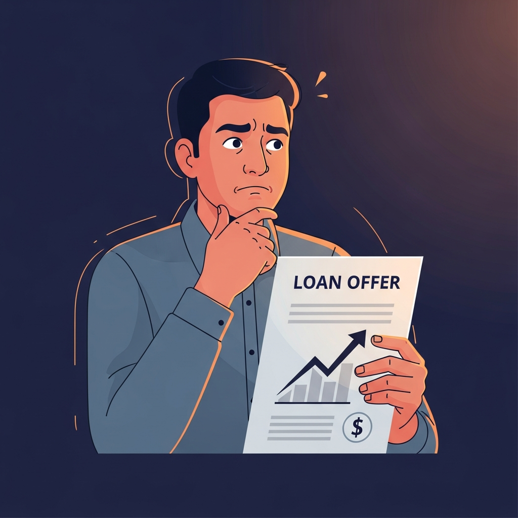 indian man reviewing loan offer for settlement funding with caution