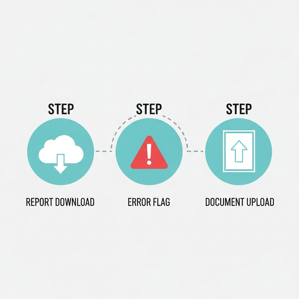 Step icons showing report download, error flag, and document upload for a dispute