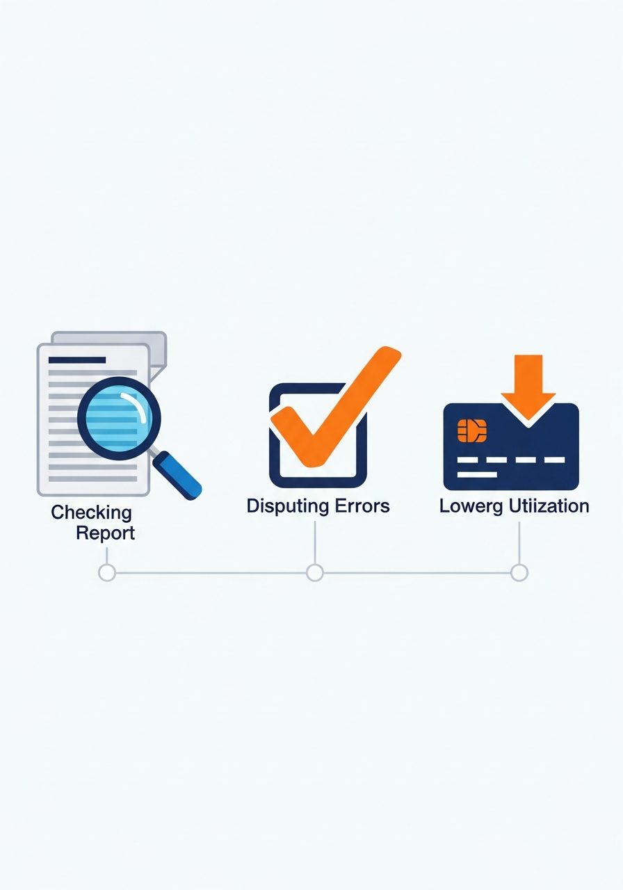 Three step icons for checking report, disputing errors, and lowering utilisation.