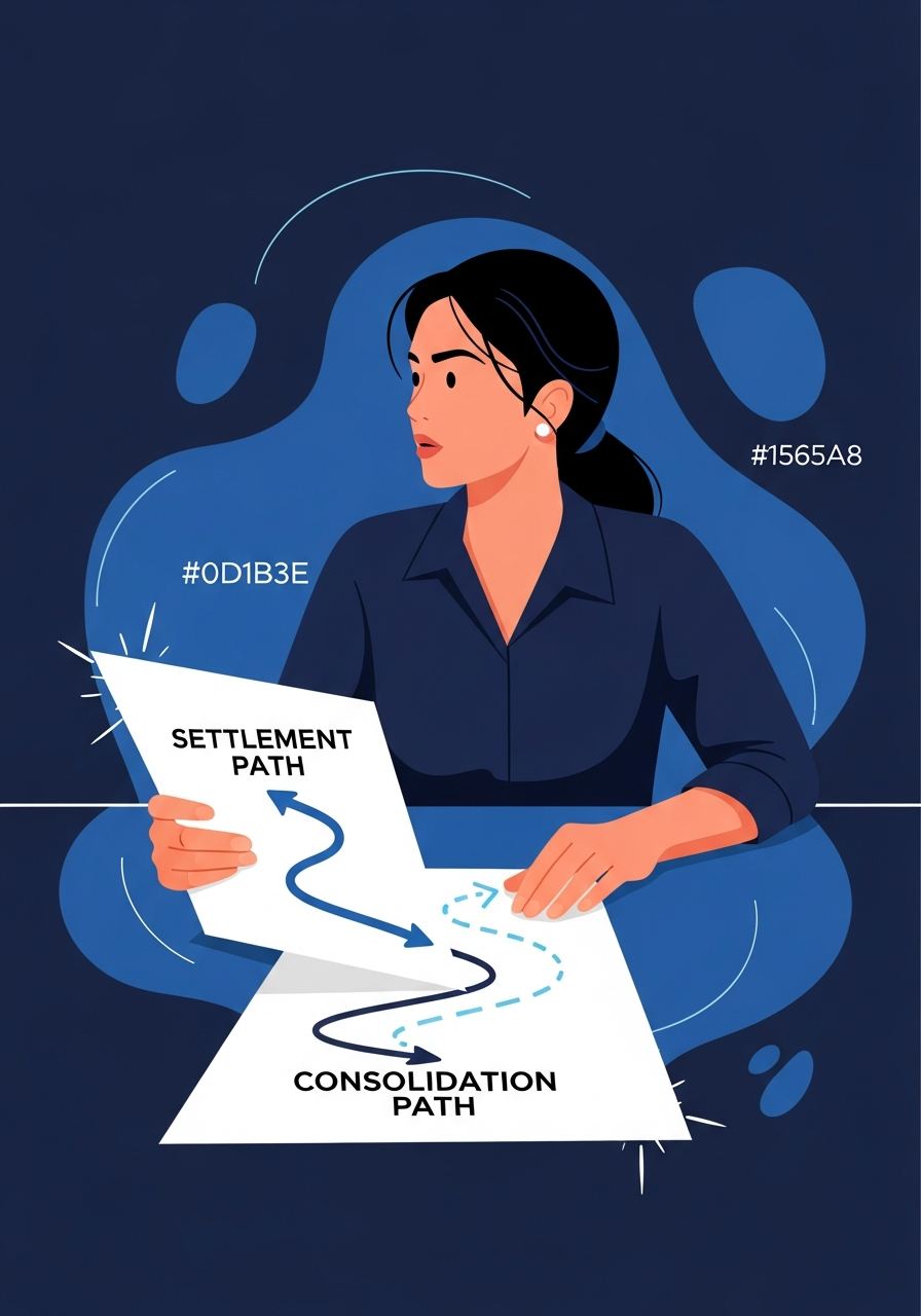 Indian woman comparing settlement and consolidation paths on paper