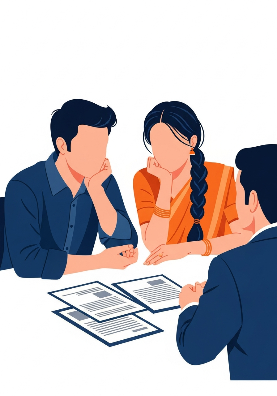 Indian couple discussing EMI relief options with counsellor
