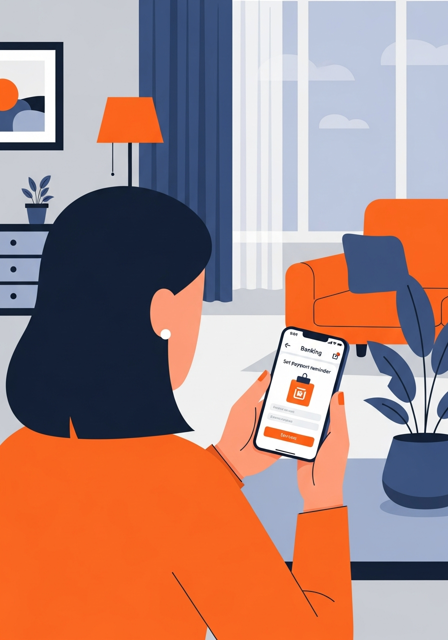 Indian woman setting up automatic full credit card payment on banking app