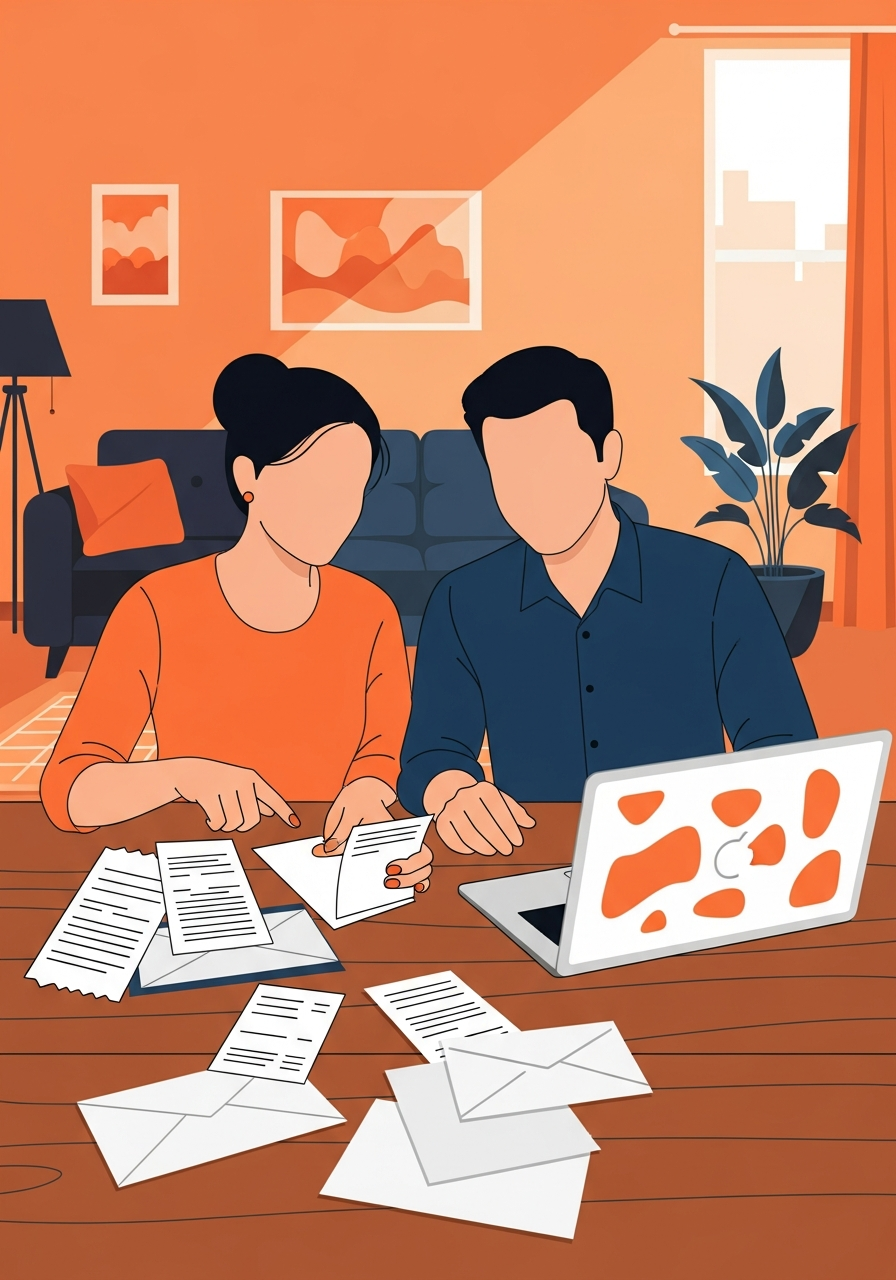 Indian couple comparing multiple credit card bills and a calculator at home