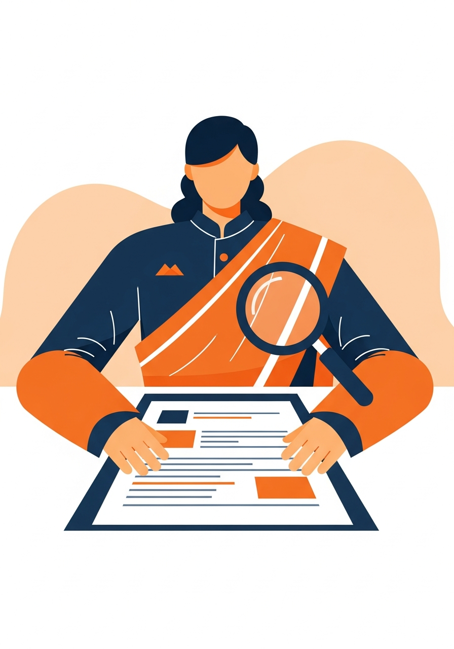 lat-design illustration of an Indian person in their late 20s looking at a mobile app showing a score gauge