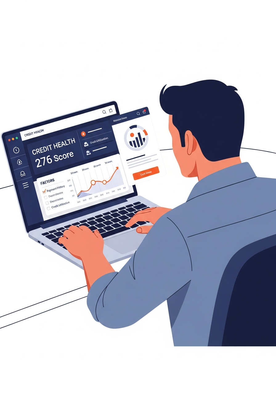 Indian man reviewing credit score tracking dashboard on laptop