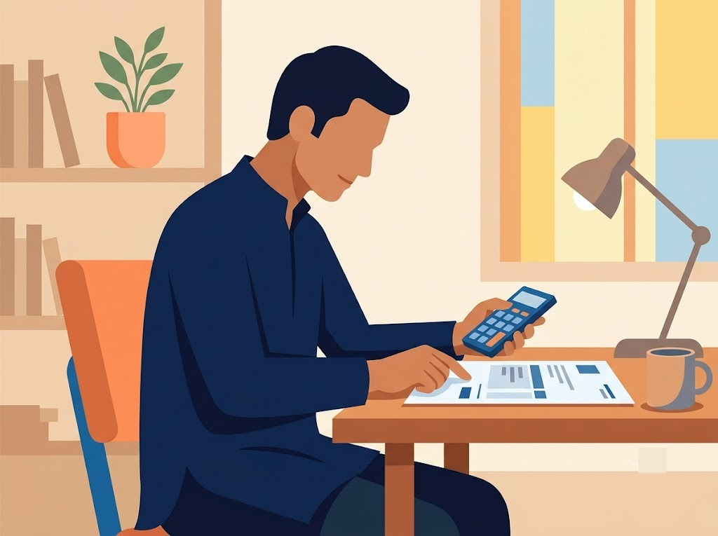 Indian borrower reviewing a foreclosure statement for an Indiabulls Dhani personal loan at a desk
