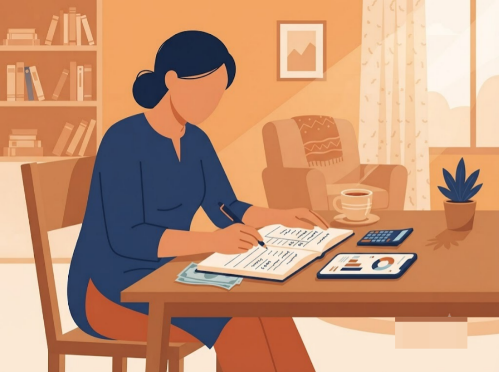 Indian person budgeting and listing out debts to manage repayment