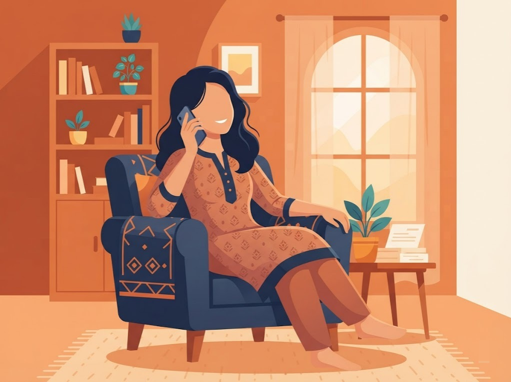 Indian borrower on a supportive phone call feeling relieved about loan settlement