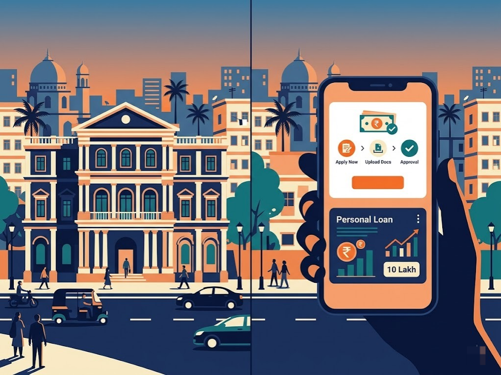 Comparison illustration of bank building and digital lending app for personal loan. Comparison illustration of bank building and digital lending app for personal loan.