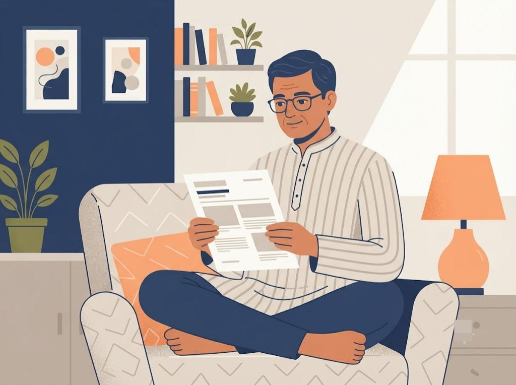 Indian borrower calmly reading about SARFAESI for the first time at home