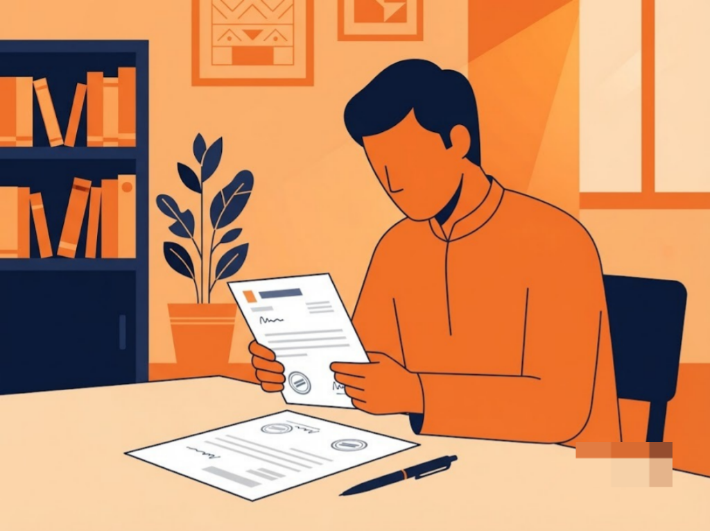 Indian borrower reading a bank notice document at home, NBFC SARFAESI notification concept illustration