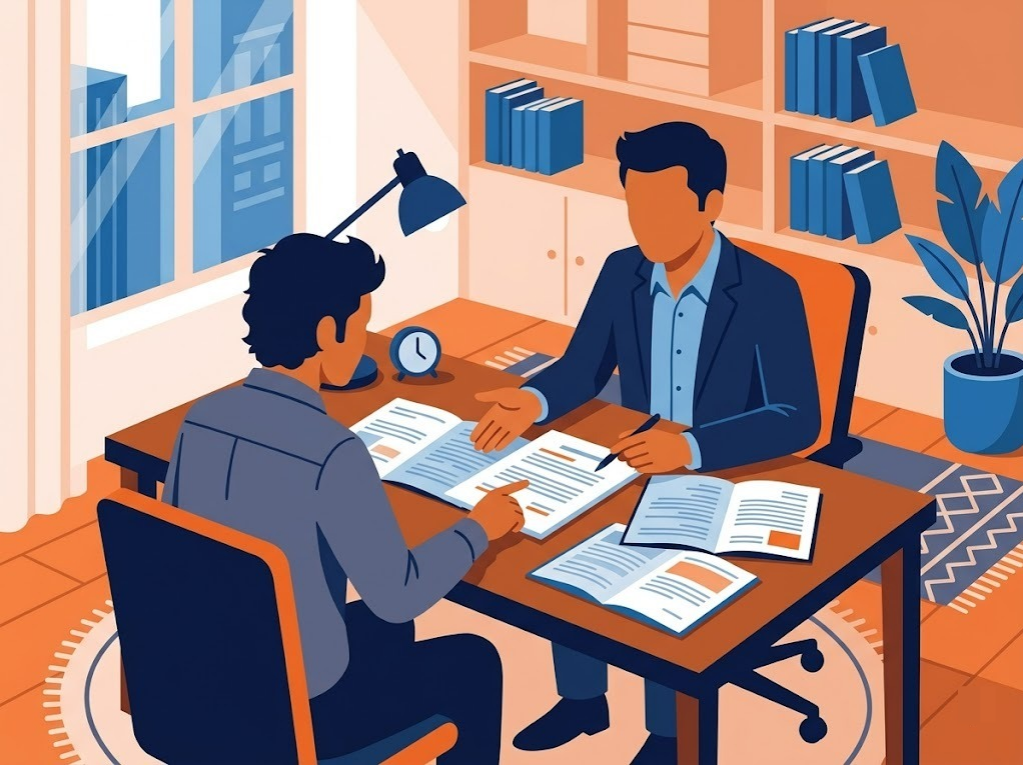 Indian borrower reviewing settlement terms with a lawyer before signing a consent decree agreement.