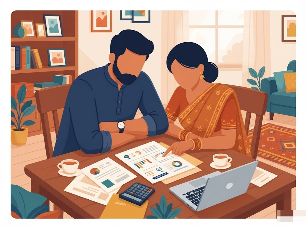 Indian borrower reviewing a single consolidated EMI plan at home