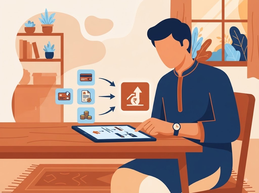 Indian borrower reviewing a single consolidated EMI plan at home