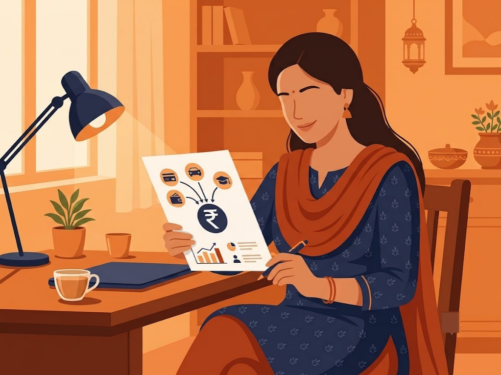 Indian person reviewing a single consolidated EMI after combining multiple loans
