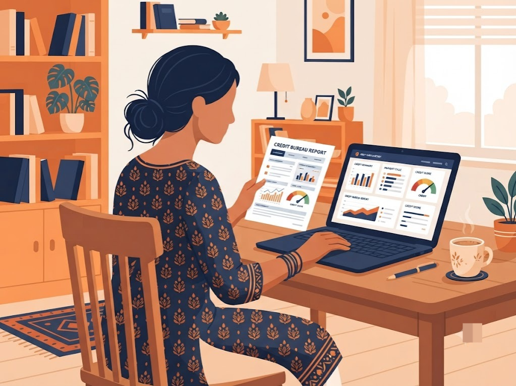 Indian person reviewing credit bureau report after payment reporting cycle