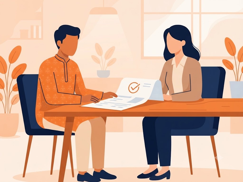 Indian borrower reviewing credit report with FREED support figure